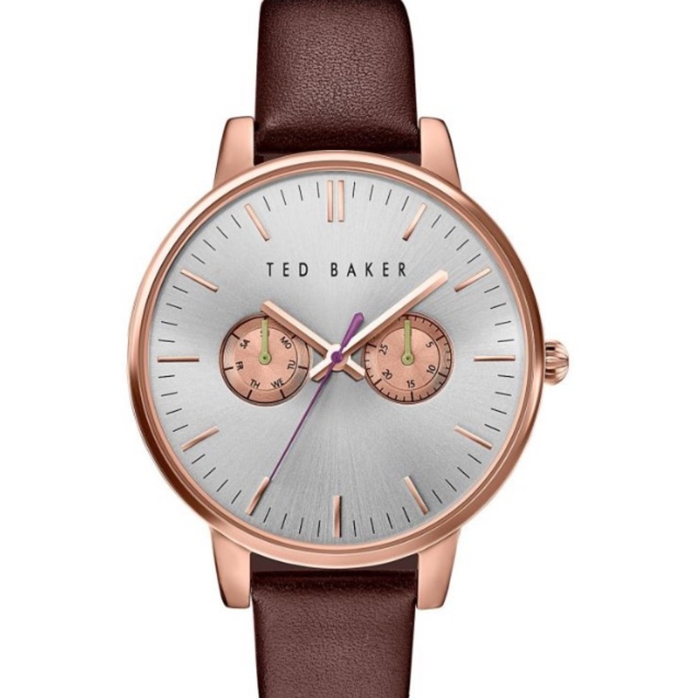 Ted Baker Liz Multifunction Rose Gold Watch, Burgundy Leather Strap, Silver Dial